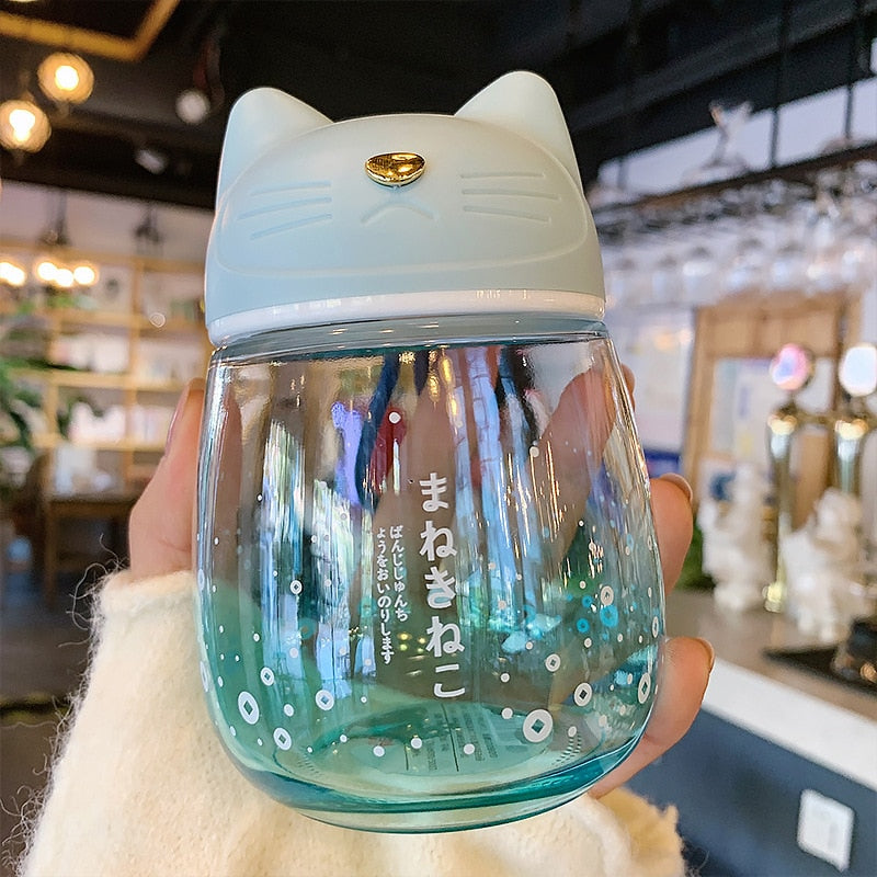 Kawaii Blue Cat Glass Bottle