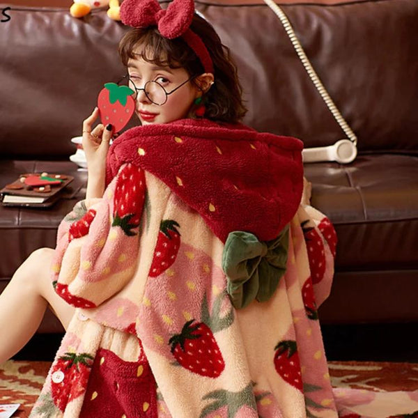 Kawaii Strawberry Print Hooded Robe