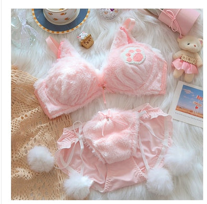 Kawaii Pink Cat Paw Plush Underwear Set