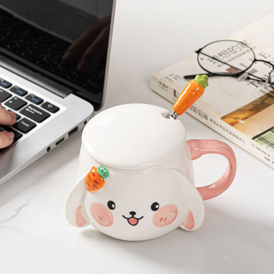 Kawaii Ceramic Bunny Mug With Lid & Carrot Spoon