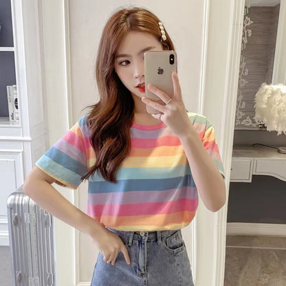 Model Wearing Kawaii Pastel Rainbow Striped T-Shirt