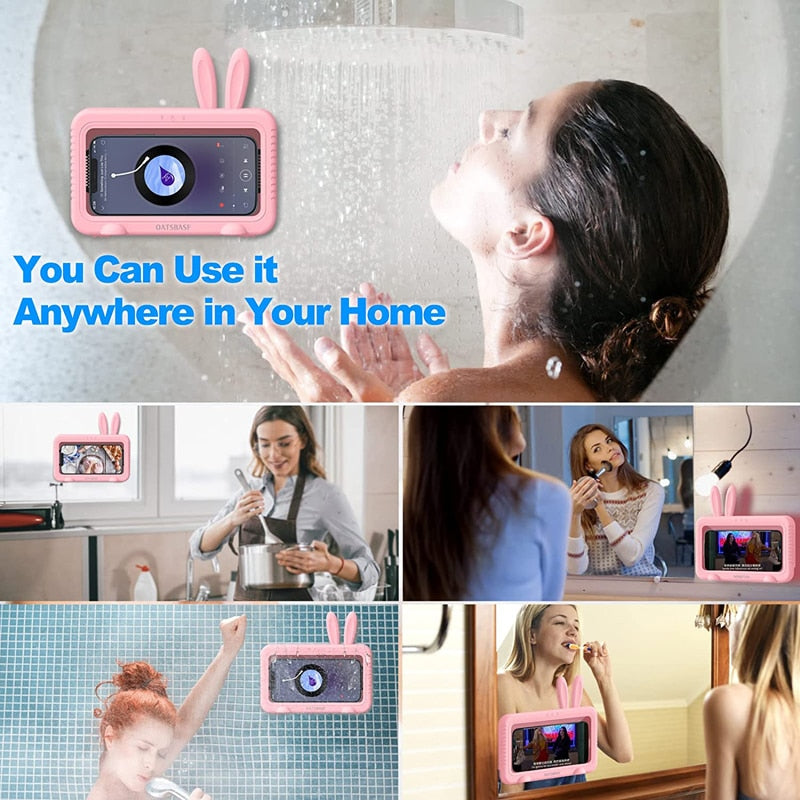 Kawaii Waterproof Bathroom Phone Case With Bunny Ears in the Shower