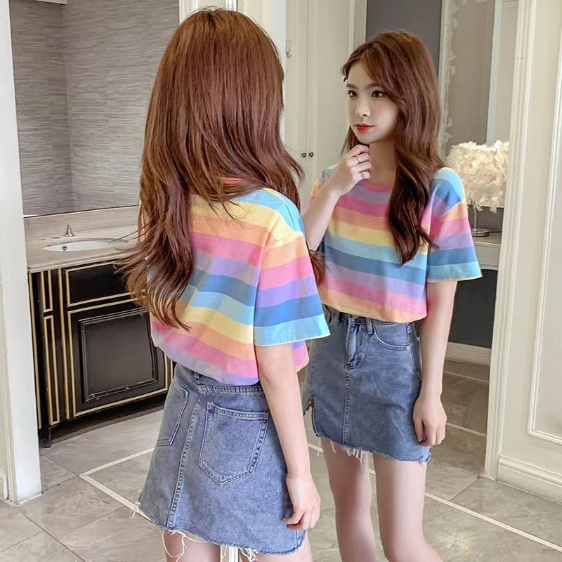 Front and Back View of Model Wearing Kawaii Pastel Rainbow Striped T-Shirt