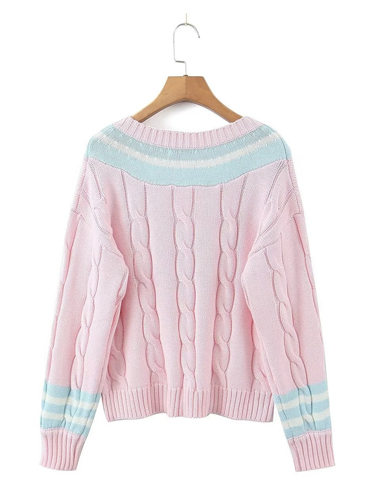Back View of Kawaii Pink V Neck Sweater