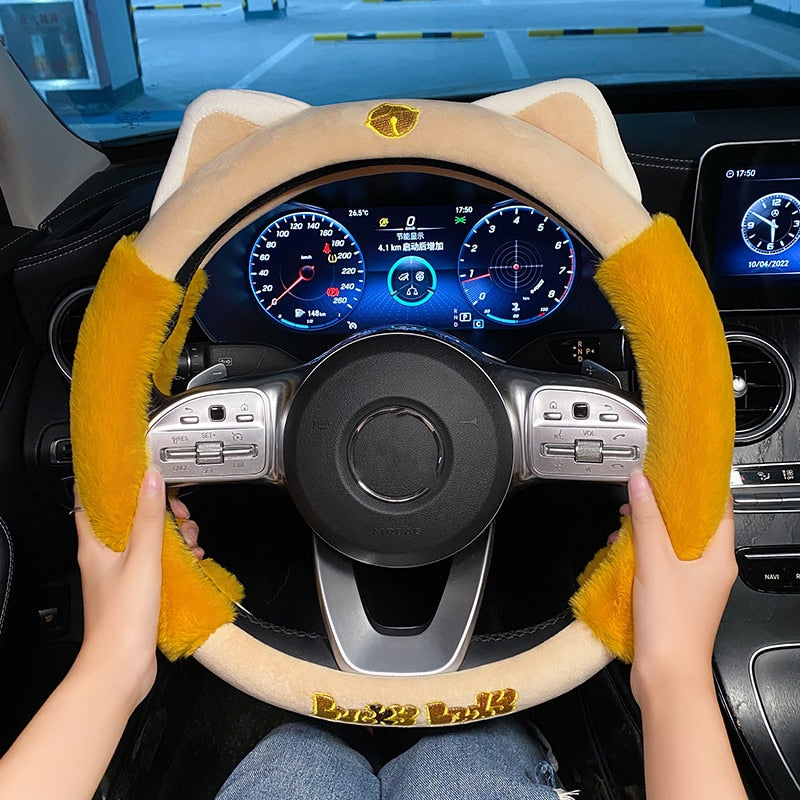 Kawaii Yellow Plush Cat Steering Wheel Cover
