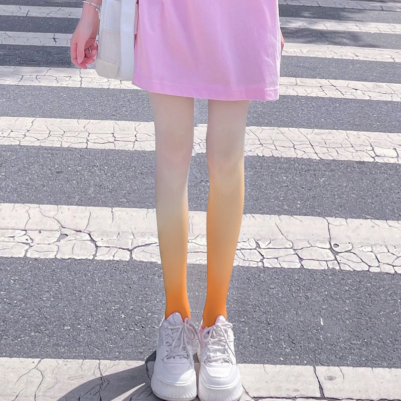 Model Wearing Kawaii Orange Color Gradient Pantyhose