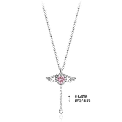 Kawaii Silver Tone Pink Crystal Heart Angel Wings Pendant Necklace
