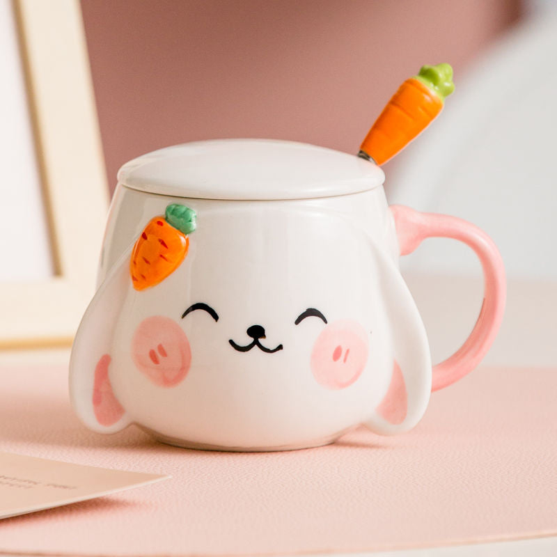 Kawaii Ceramic Happy Bunny Mug With Lid & Carrot Spoon
