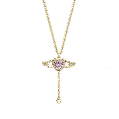 Kawaii Gold Tone Pink Crystal Heart Angel Wings Pendant Necklace