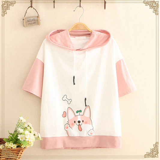 Kawaii Shiba Inu Hoodie T-Shirt in Pink