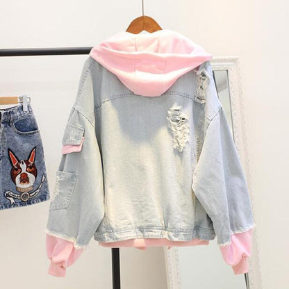 Back View of Kawaii Denim Hoodie Jacket With Pink Hood and Sleeve Cuffs