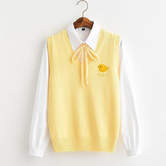 Kawaii Yellow Sweater Vest with Chick Embroidery and White Collared Shirt