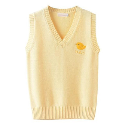 Kawaii Yellow Sweater Vest with Chick Embroidery