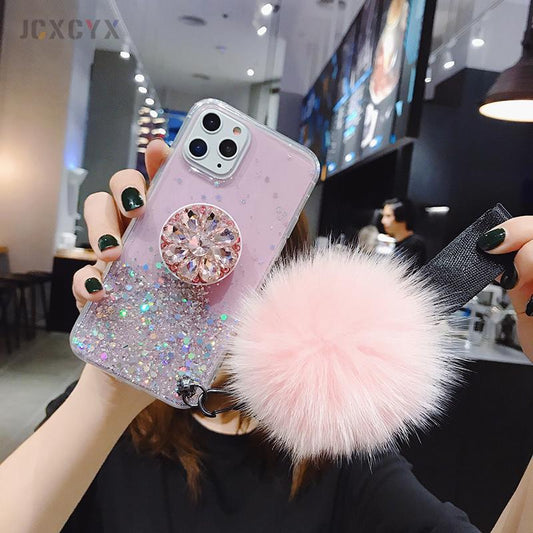 Pink Kawaii Glitter Phone Case with Holder Stand and Pink Poof