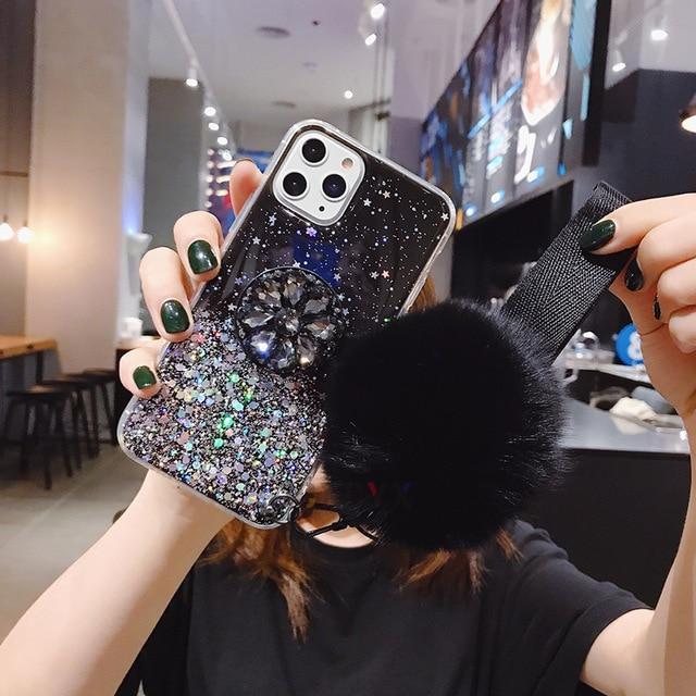 Kawaii Black Glitter Phone Case with Holder Stand and Black Poof