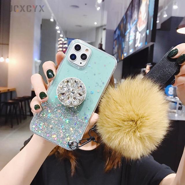 Kawaii Green Glitter Phone Case with Holder Stand and Yellow Poof