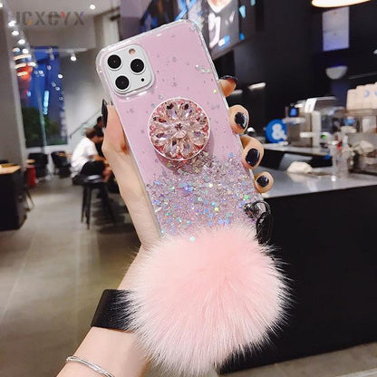 Kawaii Pink Glitter Phone Case with Holder Stand and Pink Poof