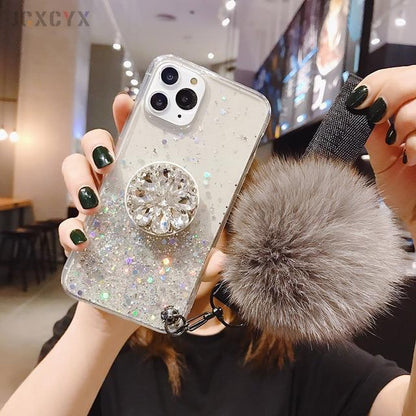 Kawaii Grey Glitter Phone Case with Holder Stand and Grey Poof