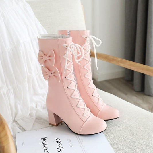 Kawaii Pink Sweet Lolita Lace-Up Boots with Bows