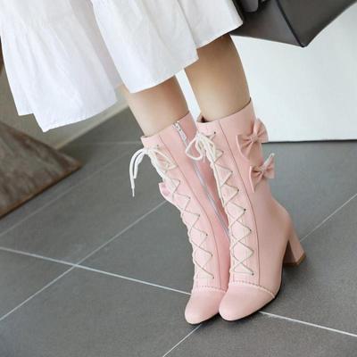 Pink Sweet Lolita Lace-Up Boots with Bows
