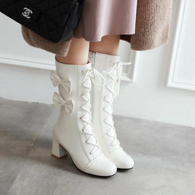 Cute White Sweet Lolita Lace-Up Boots with Bows
