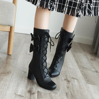 Black Sweet Lolita Lace-Up Boots with Bows