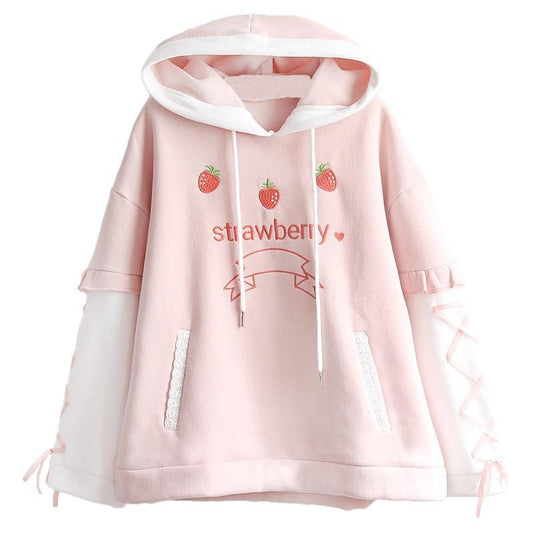 Kawaii Strawberry Hoodie With Lace Up Sleeves
