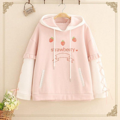 Thick Kawaii Strawberry Hoodie With Lace Up Sleeves