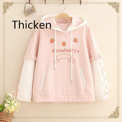 Kawaii Pink Strawberry Hoodie With Lace Up Sleeves