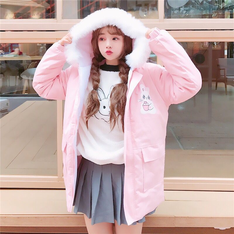 Girl Wearing Kawaii Bunny Cake Hoodie Coat in Pink