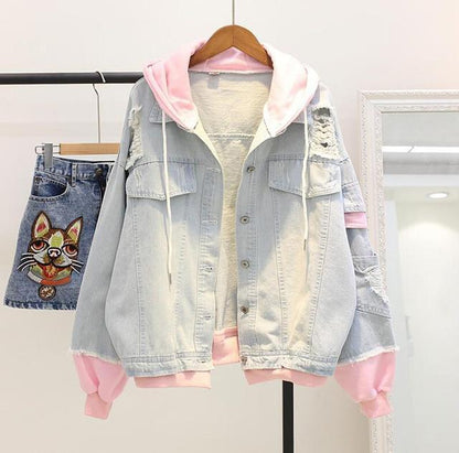 Kawaii Denim Hoodie Jacket With Pink Hood and Sleeve Cuffs