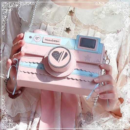 Kawaii Pink and Pastel Blue Camera Shaped Handbag