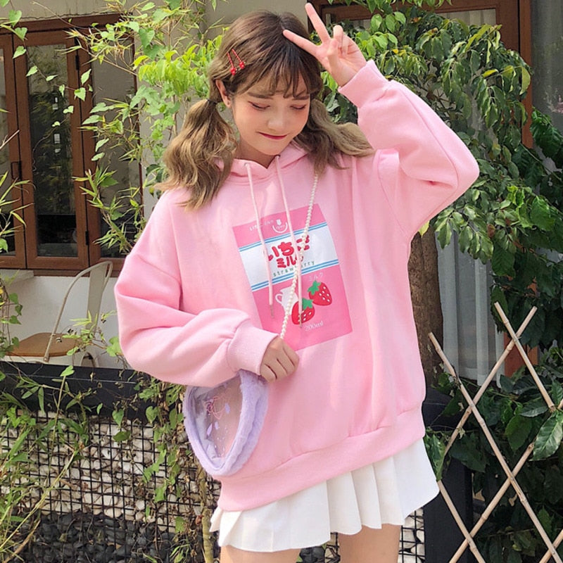 Model Wearing Our Kawaii Strawberry Milk Hoodie