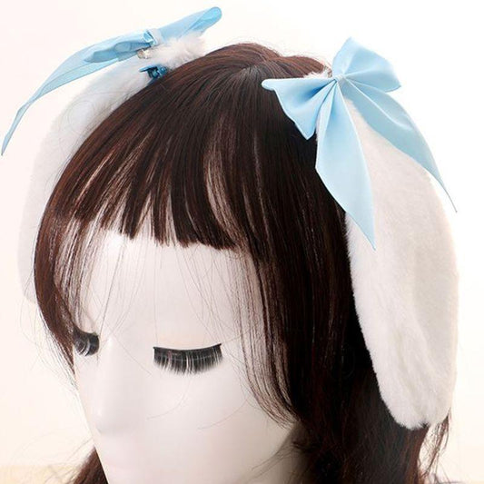 Kawaii Bunny Ears Hair Clips With Blue Ribbons