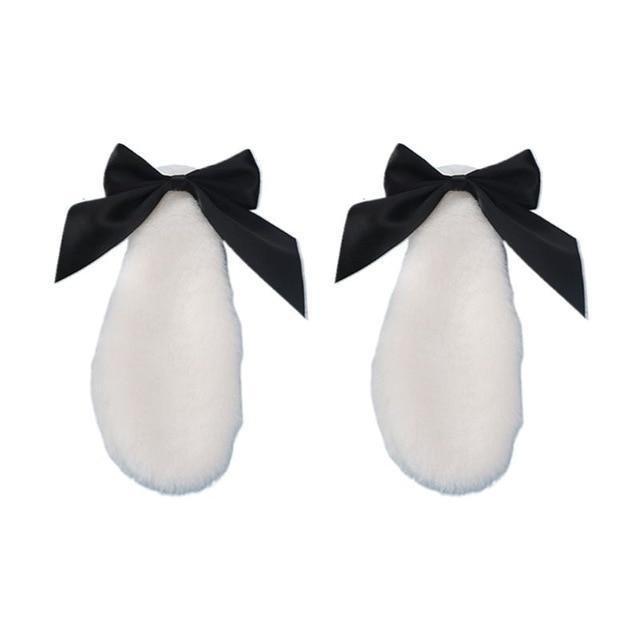 Kawaii White Bunny Ears Hair Clips With Black RIbbons