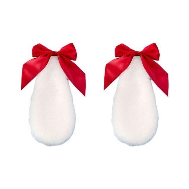 Kawaii White Bunny Ears Hair Clips With Red Bows