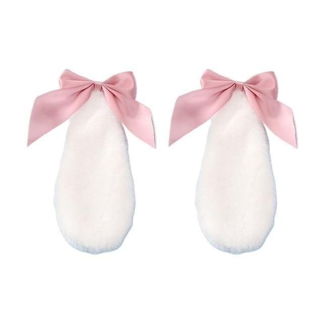 Kawaii White Bunny Ears Hair Clips With Pink Ribbons