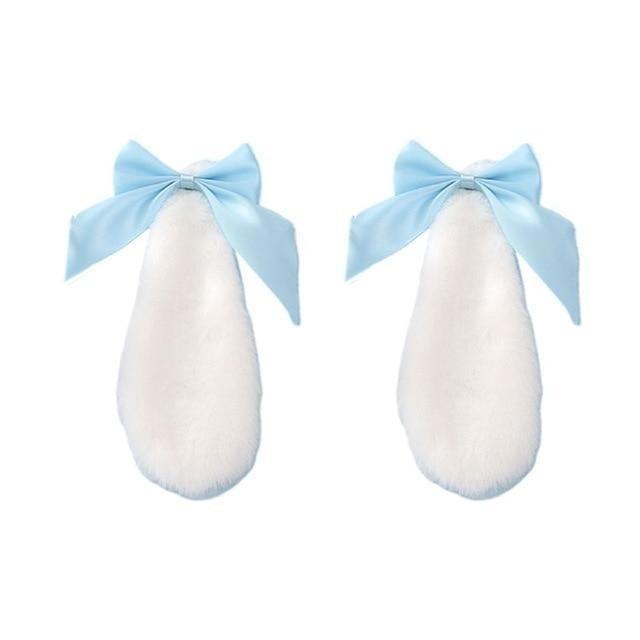 Kawaii Bunny Ears Hair Clips With Light Blue Ribbons