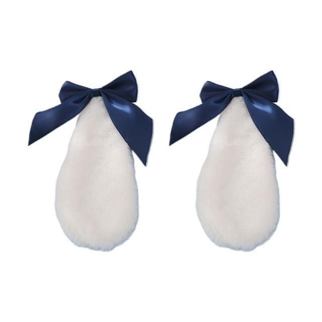 Kawaii White Bunny Ears Hair Clips With Dark Blue Bows