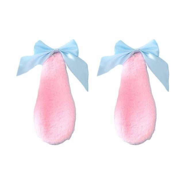 Kawaii Pink Bunny Ears Hair Clips With Blue RIbbons