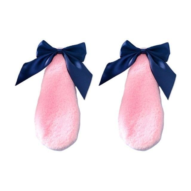 Kawaii Pink Bunny Ears Hair Clips With Dark Blue Ribbons