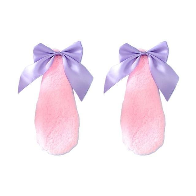 Kawaii Pink Bunny Ears Hair Clips With Purple Ribbons