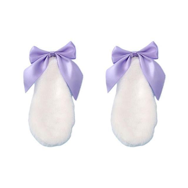 Kawaii White Bunny Ears Hair Clips With Purple Ribbons