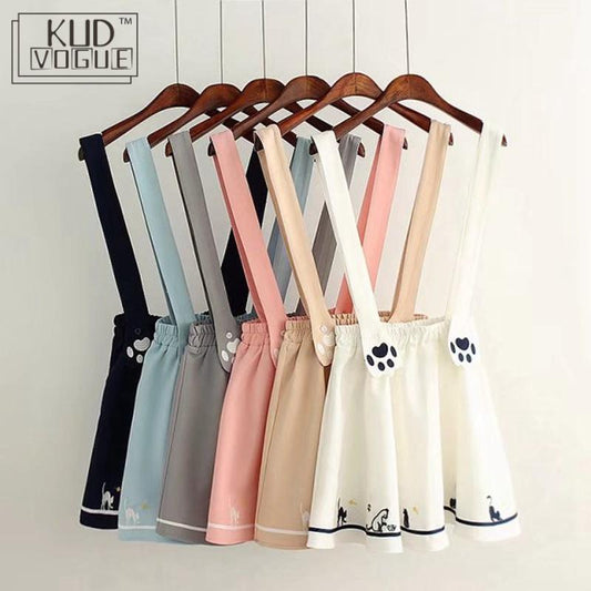 Kawaii Suspender Skirts With Embroidered Cat Paws