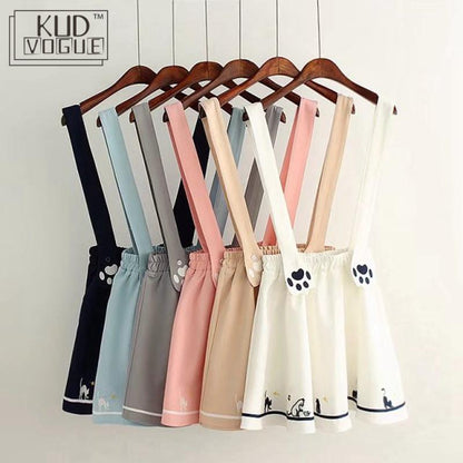 Kawaii Suspender Skirts With Embroidered Cat Paws