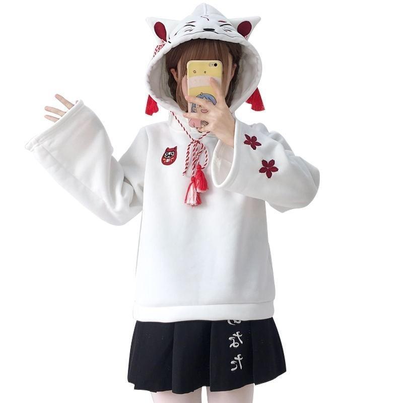 Model Wearing Kawaii White Kitsune Fox Hoodie
