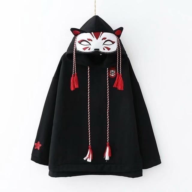 Kawaii Kitsune Fox Hoodie in Black