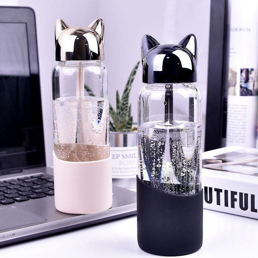 Kawaii Pink and Black Fox Glass Water Bottles