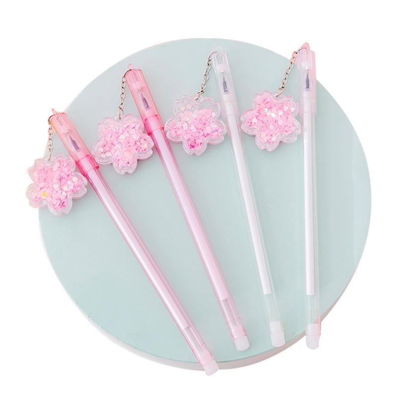 Kawaii Pink and White Cherry Blossom Quicksand Gel Pens