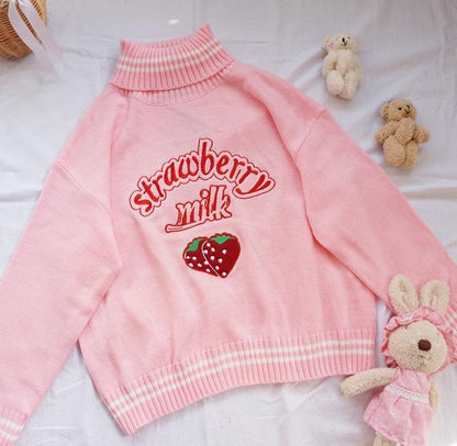 Kawaii Pink Strawberry Milk Turtleneck Sweater